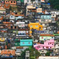 Aerial view of Rio's Rocinha favela, on a sunny afternoon.