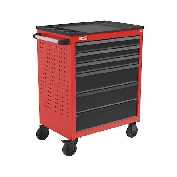 Red workshop tool cabinet on four swivel casters