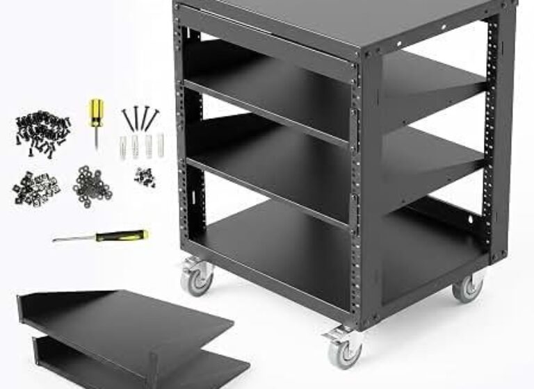 Black steel utility cart with casters, hardware, shelves, and mounting plates